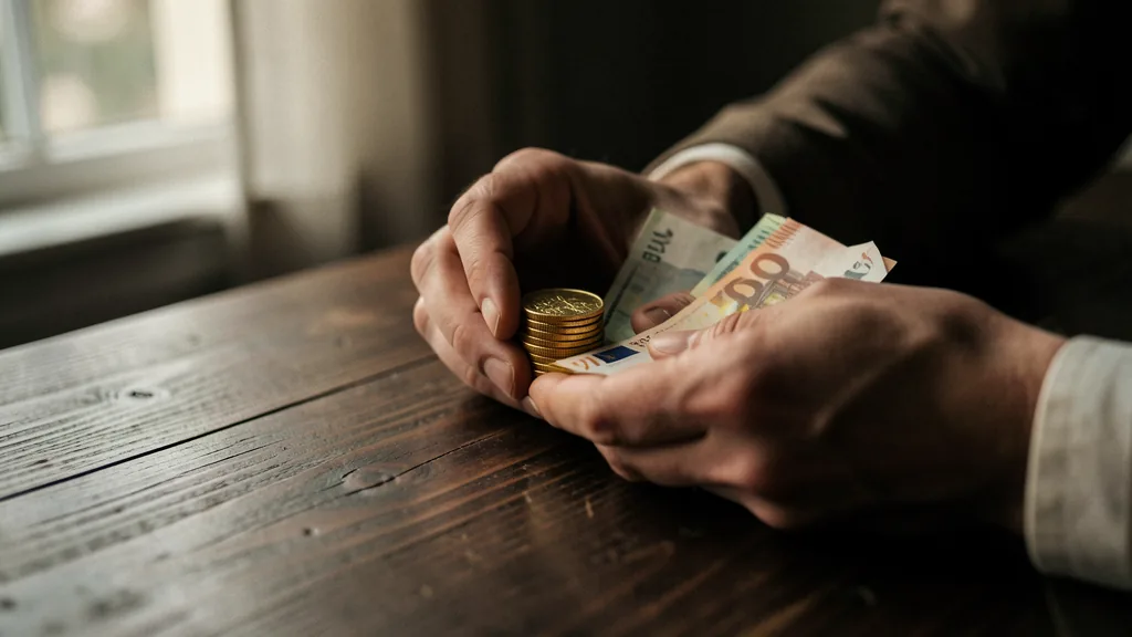 Mains comptant billets et pièces d'or sur une table en bois, dans une lumière chaude — illustration de la gestion patrimoniale hors banque